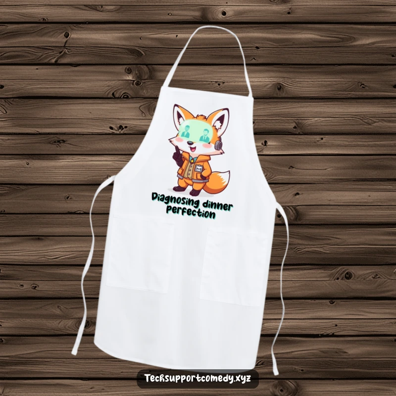 Playful funny fox in a smart vest pointing at a glowing diagnostic light, a witty and practical kitchen apron.