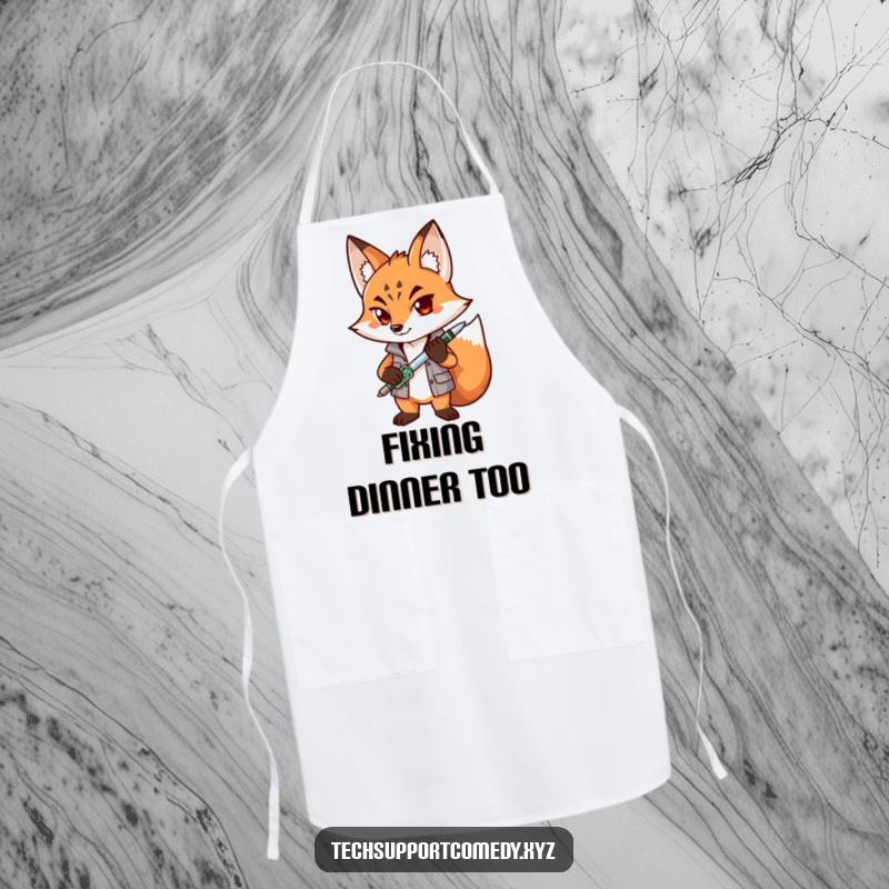 Funny Fox Mechanic Apron: A determined fox character equipped with a screwdriver and circuit board, ready for culinary adventures.