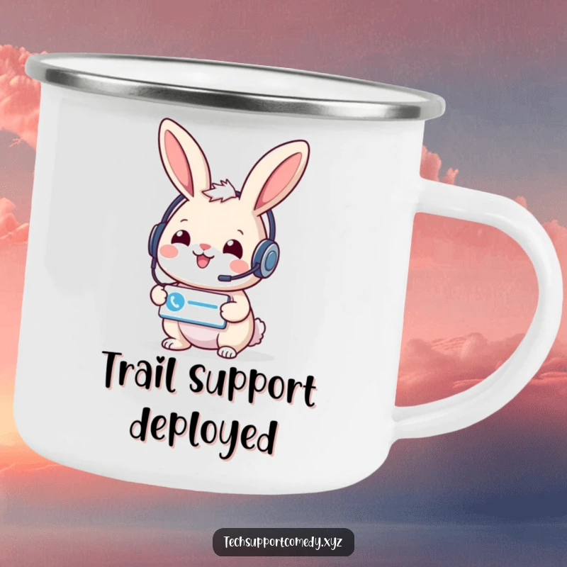 Durable funny rabbit wearing a headset, offering a support ticket icon, ideal for outdoor support and warm drinks.