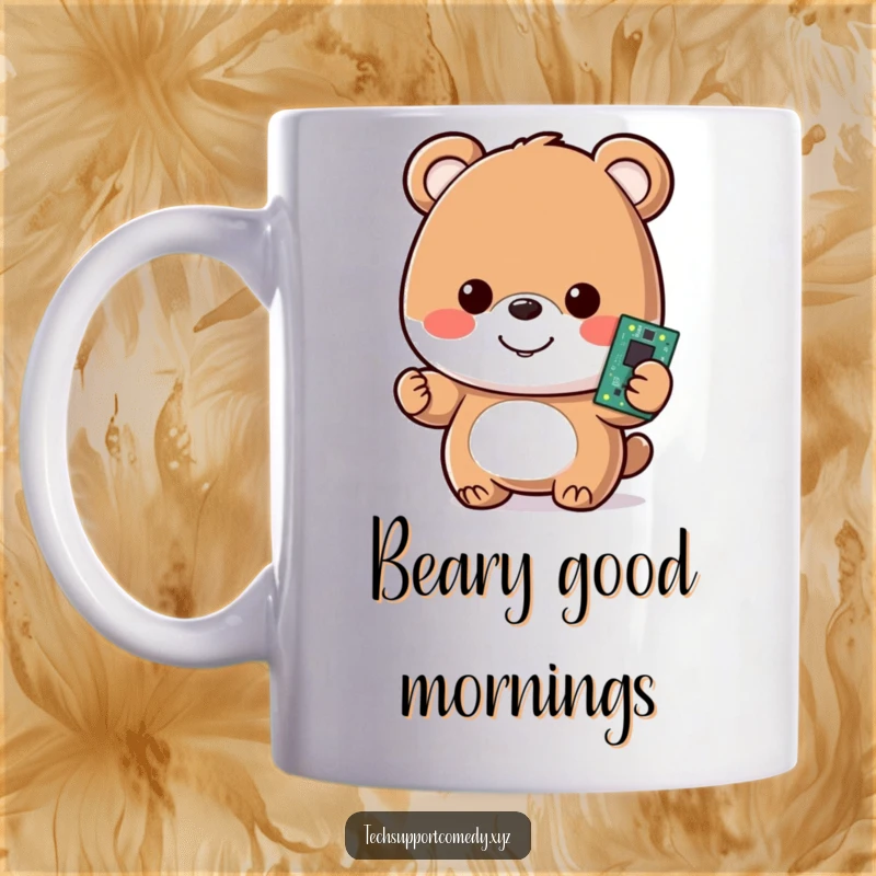 Funny mug of a happy bear character, smiling warmly while holding a glowing computer motherboard, radiating tech pride.