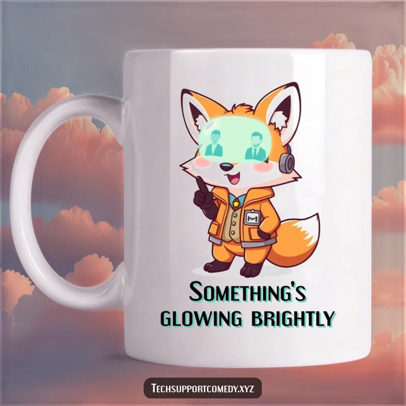 Funny playful fox wearing a smart vest, pointing at a glowing diagnostic light, ideal for tech-themed mugs.