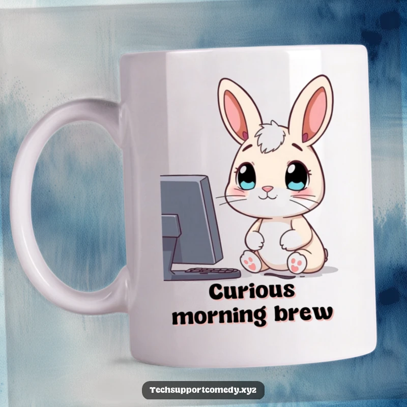Funny mug of a curious rabbit character, looking intently at a glowing computer screen with wide, amazed eyes.