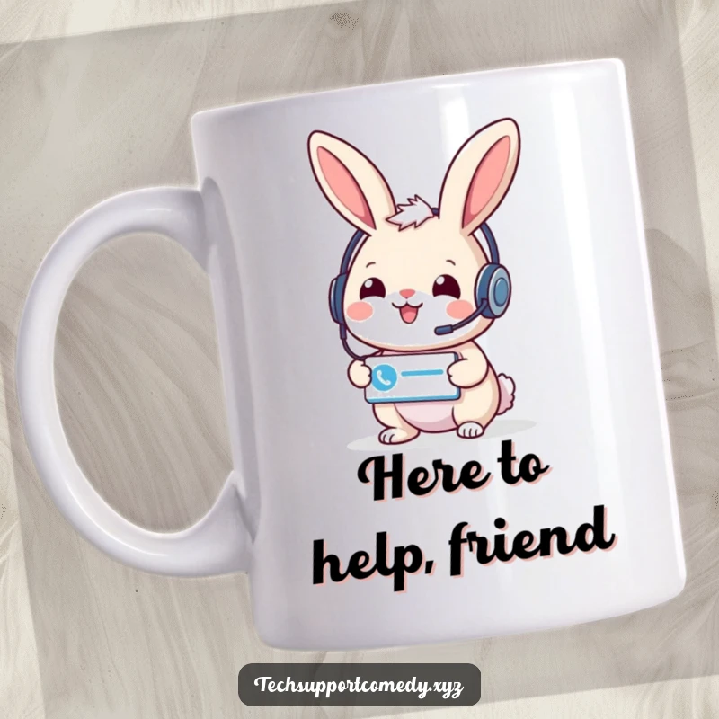 Funny and cheerful rabbit wearing a headset, holding a support ticket icon, designed for customer service mugs.