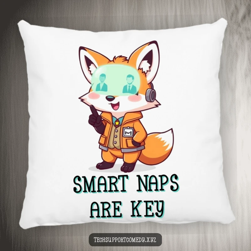 Soft funny fox in a smart vest pointing at a glowing diagnostic light, a cozy and humorous decorative pillow.