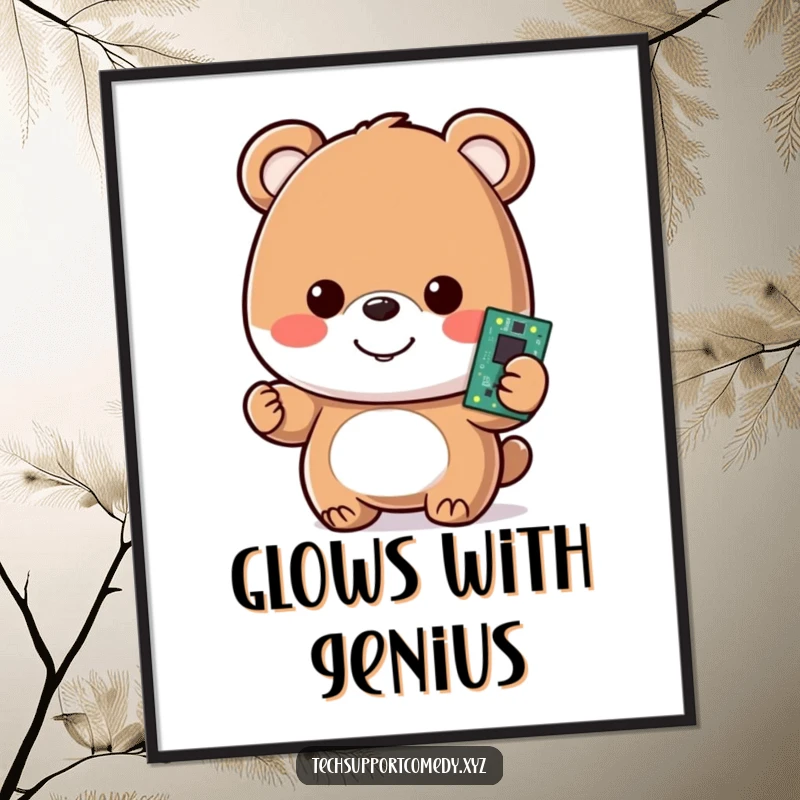 Funny digital art print of a happy bear character, smiling and holding a glowing motherboard, ready for framing.