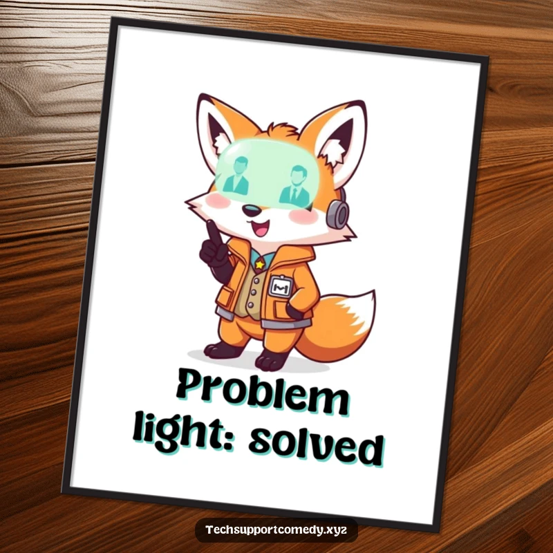 High-resolution playful funny fox in a smart vest pointing at a glowing diagnostic light, ready for display or printing.