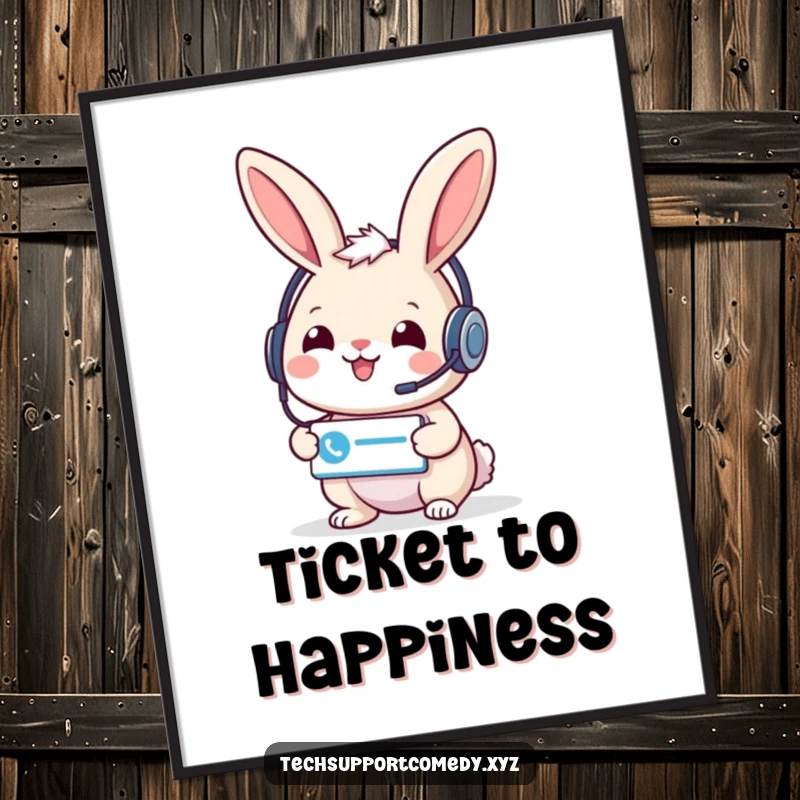High-resolution cheerful funny rabbit in a headset offering a support ticket icon, ready for digital display or printing.