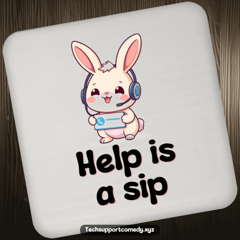 Cheerful funny rabbit in a headset holding a support ticket icon, a protective and amusing coaster.