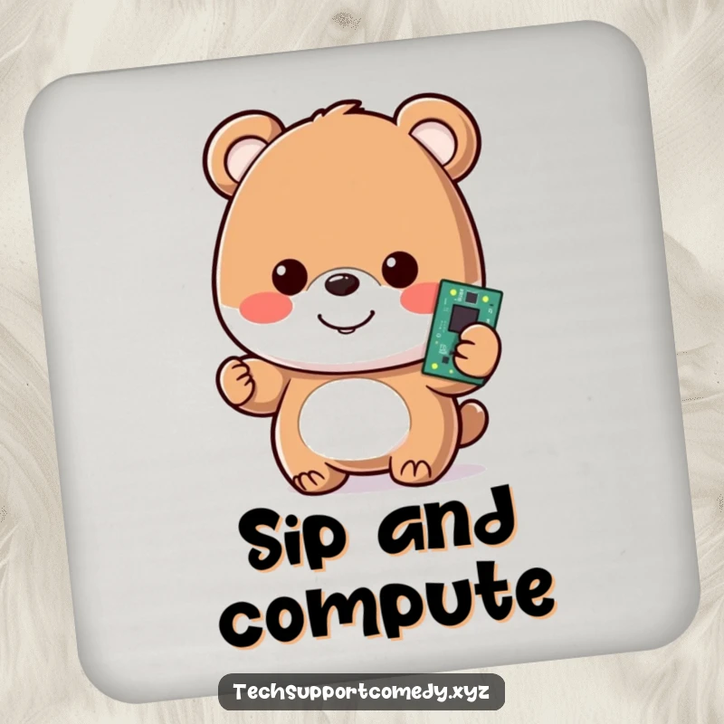 Funny coasters featuring a happy bear character, smiling and holding a glowing motherboard, protecting furniture with tech style.