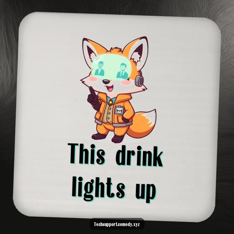 Playful funny fox in a smart vest points to a glowing diagnostic light, a protective and witty coaster.