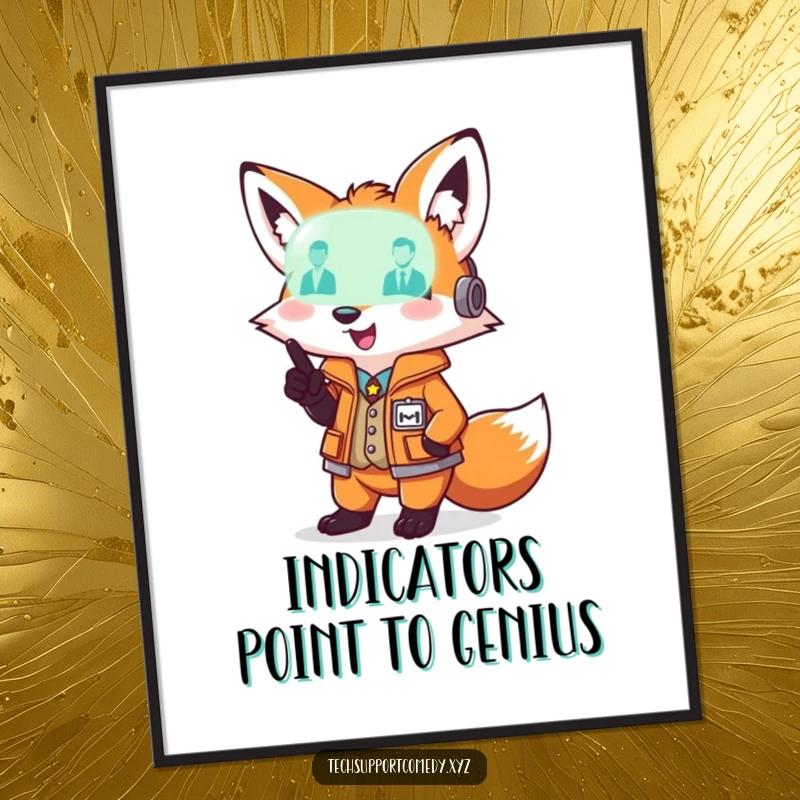 Playful funny fox wearing a smart vest points at a glowing diagnostic light, a witty and humorous poster.