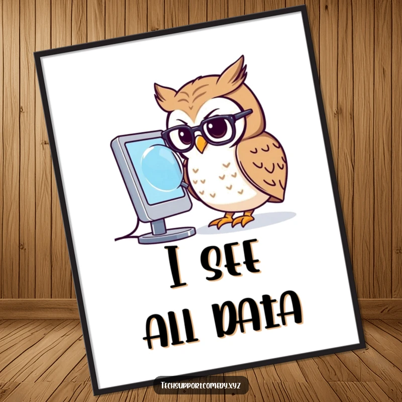 Amusing funny owl in small glasses using a magnifying glass to inspect a computer screen on a poster.