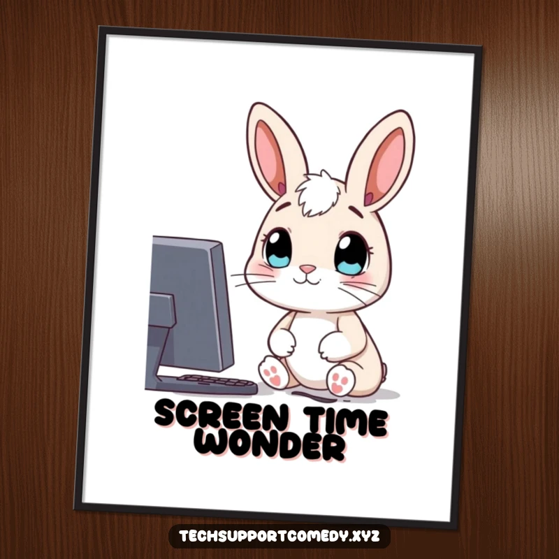Funny poster of a curious rabbit character, looking intently at a glowing computer screen with wide, mesmerized eyes.