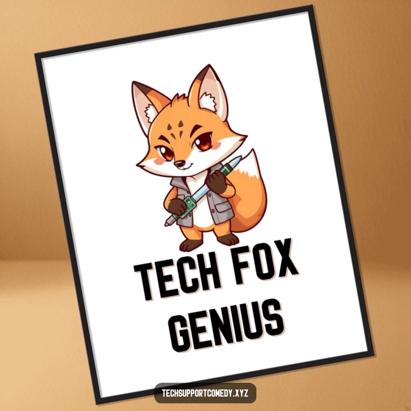 Funny Fox Fixer Poster depicting a determined fox character skilled with a screwdriver and circuit board, bringing humor to decor.