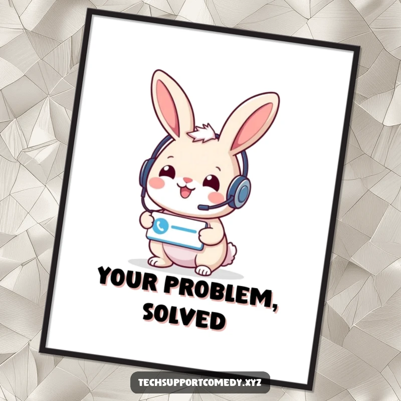 Cheerful funny rabbit wearing a headset, presenting a support ticket icon, a delightful and humorous poster.