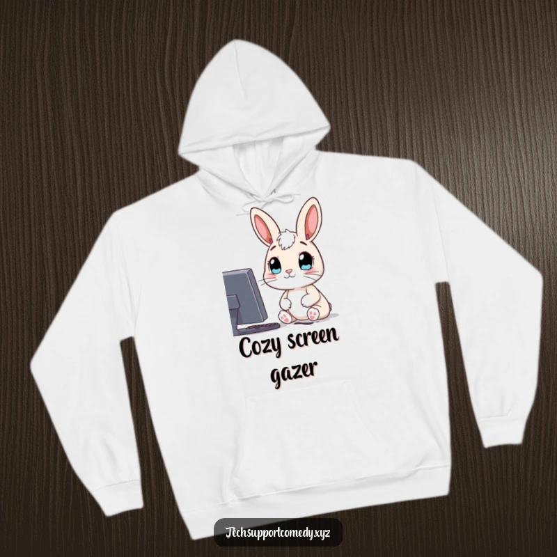 Funny hoodie featuring a curious rabbit character, looking with wide eyes at a computer screen, perfect for cozy exploration.