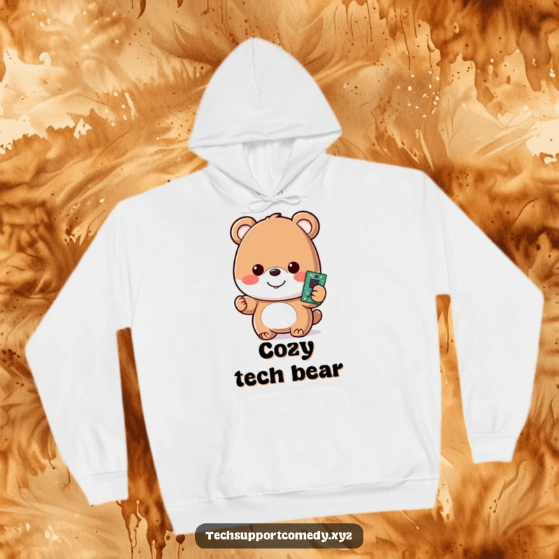 Funny hoodie featuring a happy bear character, smiling while holding a glowing motherboard, perfect for tech comfort.