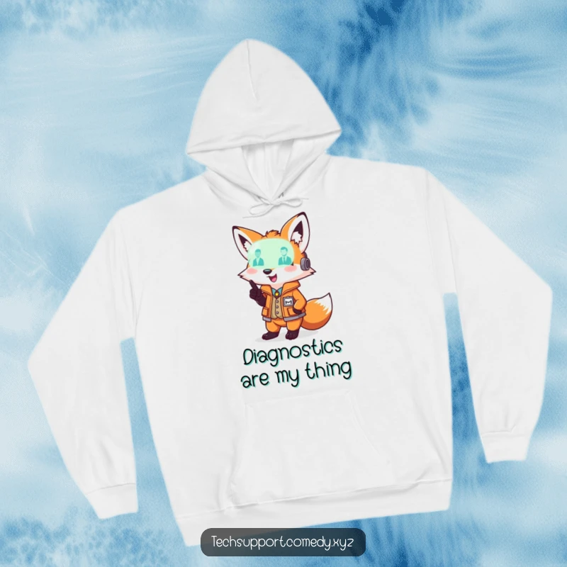 Comfortable funny fox wearing a smart vest, pointing at a glowing diagnostic light, ideal for tech-themed hoodies.