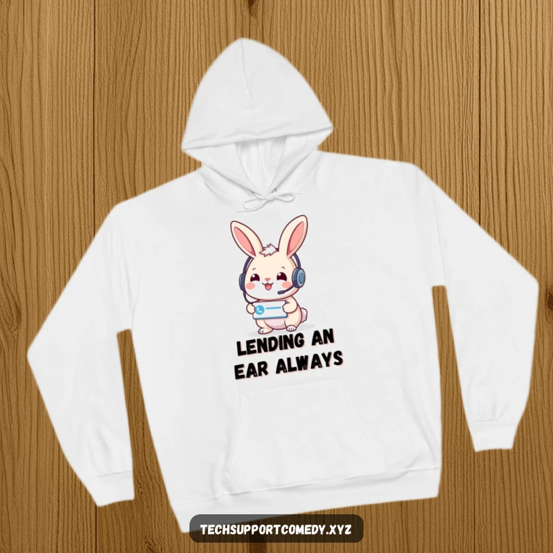 Comfortable funny rabbit wearing a headset, offering a support ticket icon, perfect for cozy customer service hoodie.
