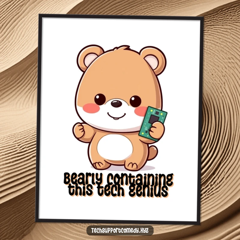 Funny Free Printable Wall Art: A cheerful bear smiles broadly, holding a brightly glowing computer motherboard, perfect for tech lovers.