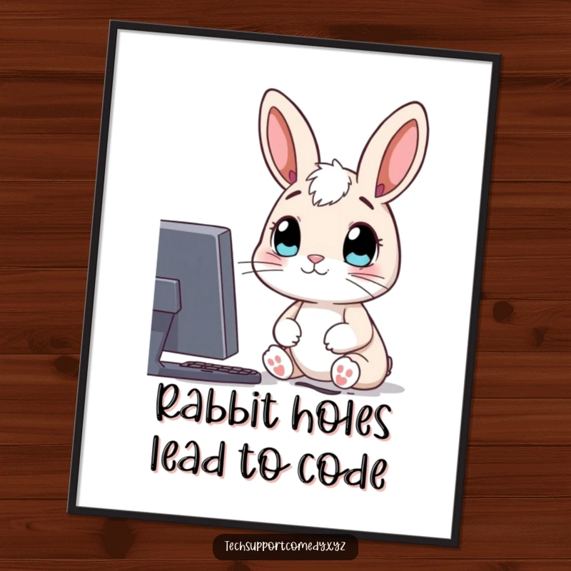 Funny Free Printable Wall Art: A wide-eyed rabbit looks with intense curiosity at a glowing computer screen, adding digital whimsy.