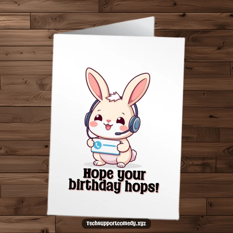 Funny free printable birthday card featuring a cheerful rabbit in a headset offering a support ticket icon with a smile.
