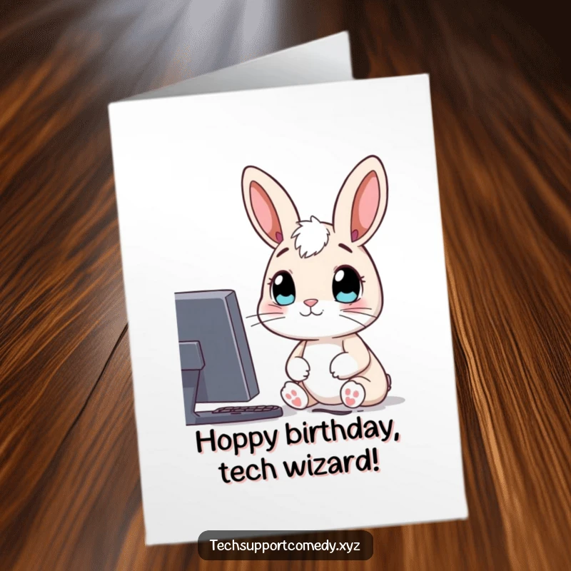 Funny Free Printable Birthday Card: A curious rabbit with wide eyes stares intently at a glowing computer screen, celebrating online.