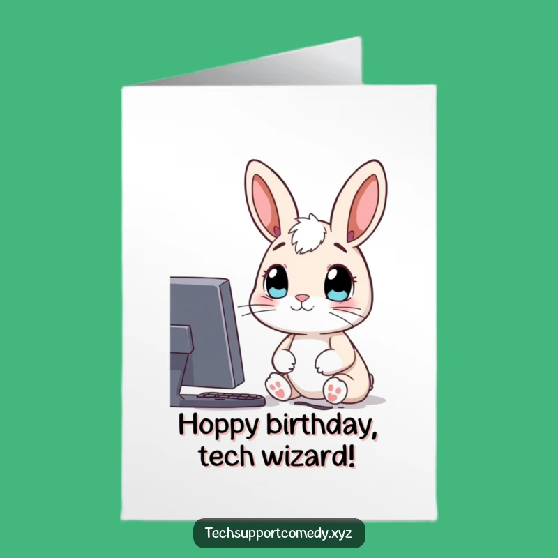Free Printable Birthday Card: Curious Rabbit & Computer Screen - Funny Tech Downloadable