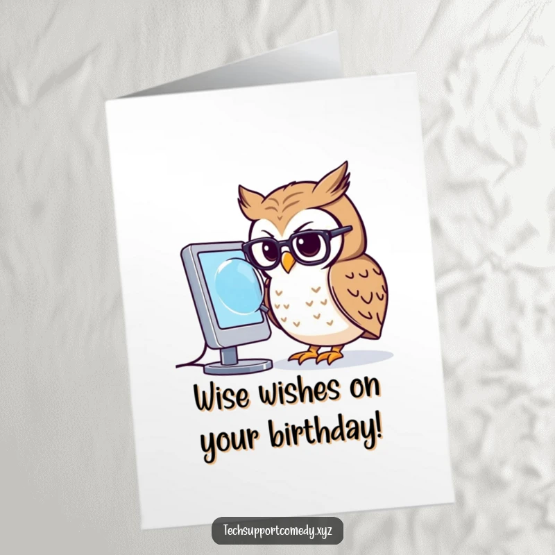 Funny free printable birthday card showing a focused owl in glasses using a magnifying glass to study a computer screen.