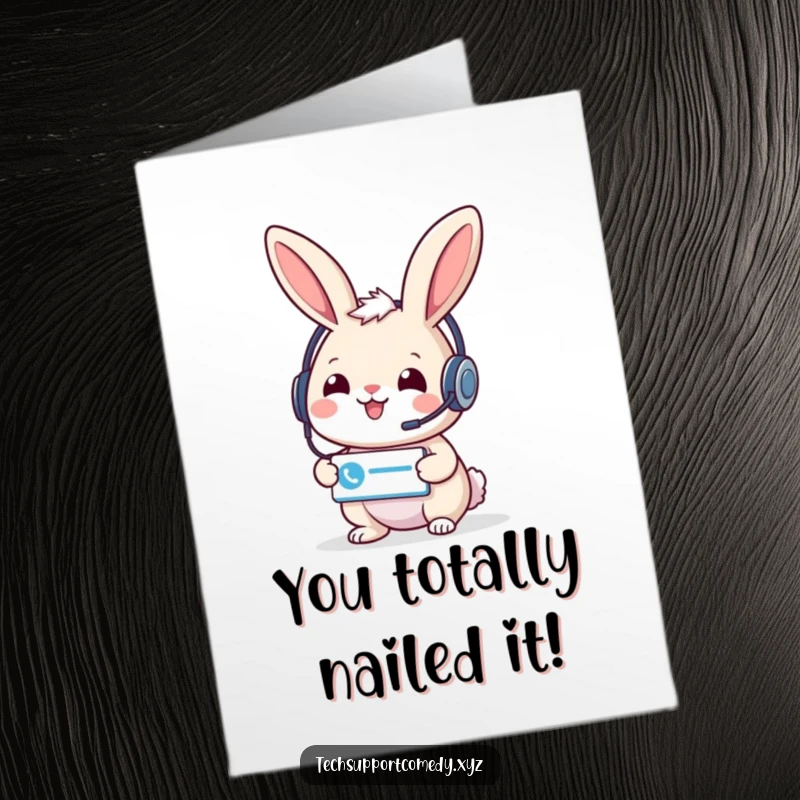 Funny free printable congratulations card of a cheerful rabbit in a headset offering a support ticket icon to celebrate success.
