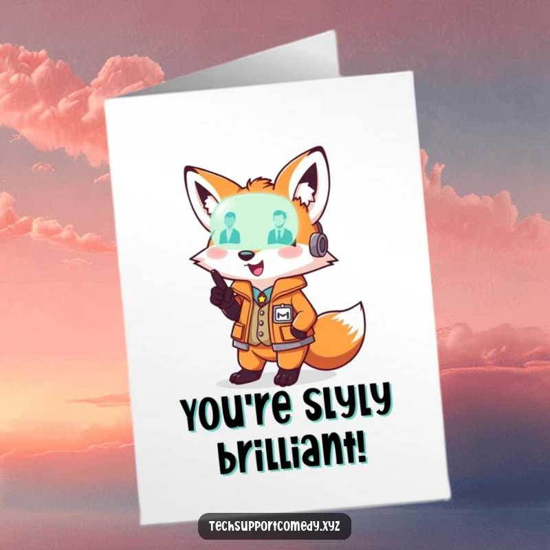 Funny free printable congratulations card featuring a playful fox in a vest indicating a glowing diagnostic light for success.