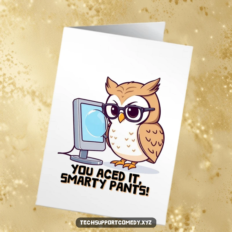 Funny free printable congratulations card featuring a focused owl in glasses peering at a computer screen with a magnifying glass.