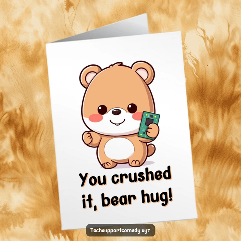 Funny Free Printable Congratulations Card: A cheerful bear proudly holds a glowing motherboard, signifying a successful tech endeavor.