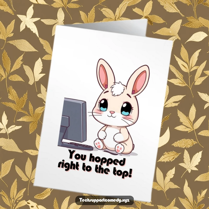 Funny Free Printable Congratulations Card: A wide-eyed rabbit curiously observes a computer screen, celebrating digital success.