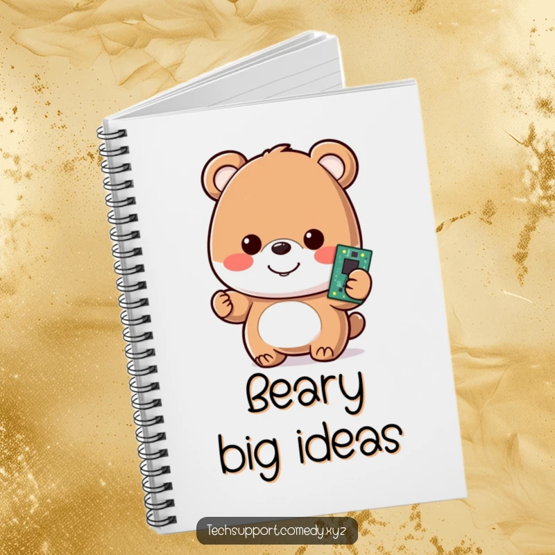 Funny notebook with a happy bear character, smiling and holding a glowing motherboard, perfect for tech notes.