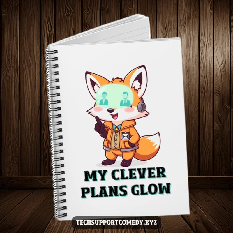 Playful funny fox in a smart vest pointing at a glowing diagnostic light, a clever and helpful notebook.