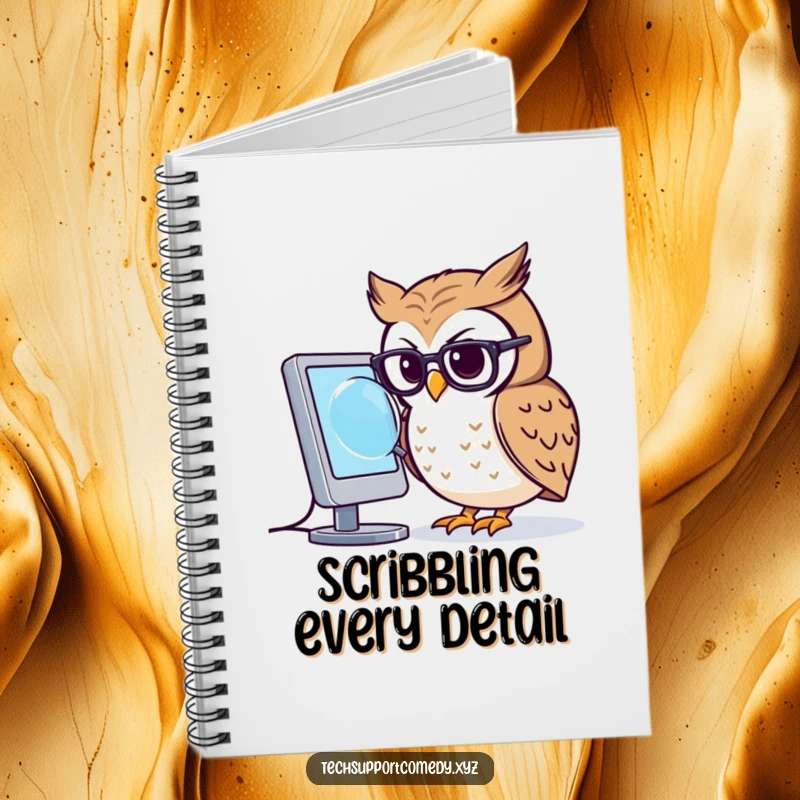 Funny owl wearing glasses uses a magnifying glass to focus on a computer screen in this smart notebook.