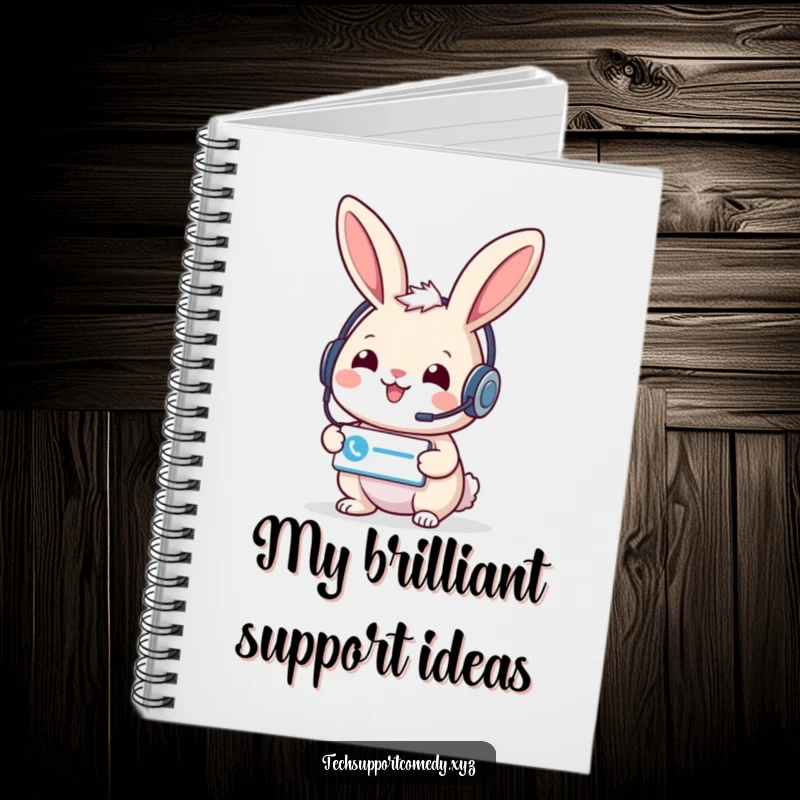 Cheerful funny rabbit in a headset offering a support ticket icon, a cute and helpful notebook.