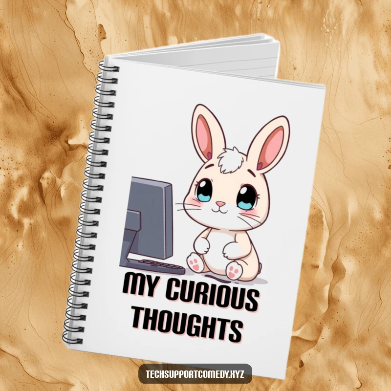 Funny notebook with a curious rabbit character, looking with wide eyes at a computer screen, perfect for note-taking.