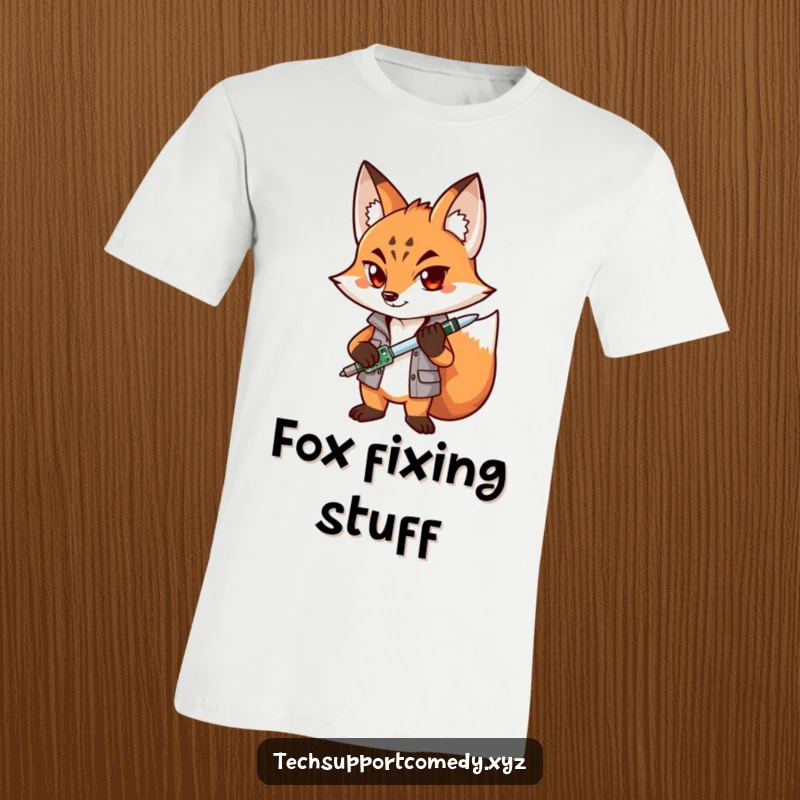 Funny Fox Techie T-Shirt: A determined fox character is all set to repair with a screwdriver and circuit board.