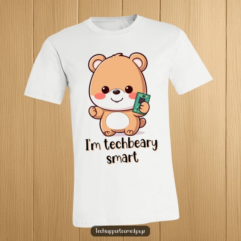 Funny t-shirt featuring a happy bear character, smiling and holding a glowing computer motherboard, celebrating technology.