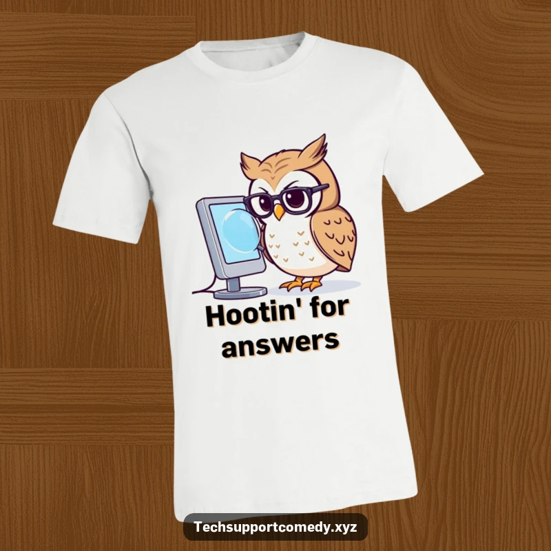 Funny owl in small glasses using a magnifying glass to examine a computer screen on a stylish t-shirt.