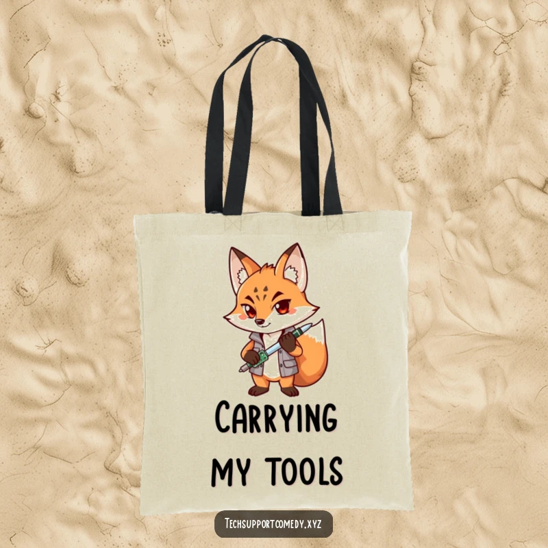 Funny Fox Techie Tote Bag: A determined fox character holds a screwdriver and circuit board, ready for action and laughter.